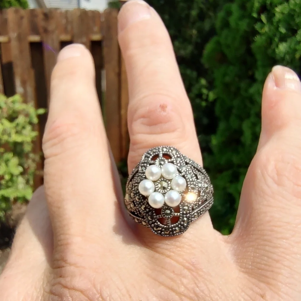 Judith Jack Ring Sterling Silver Marcasite Faux Pearls Size 7!